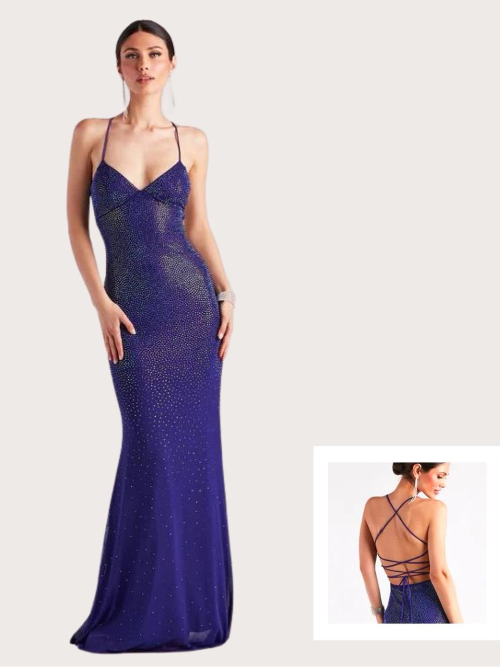 Windsor Navy Blue Beaded Backless Strappy Evening Gown